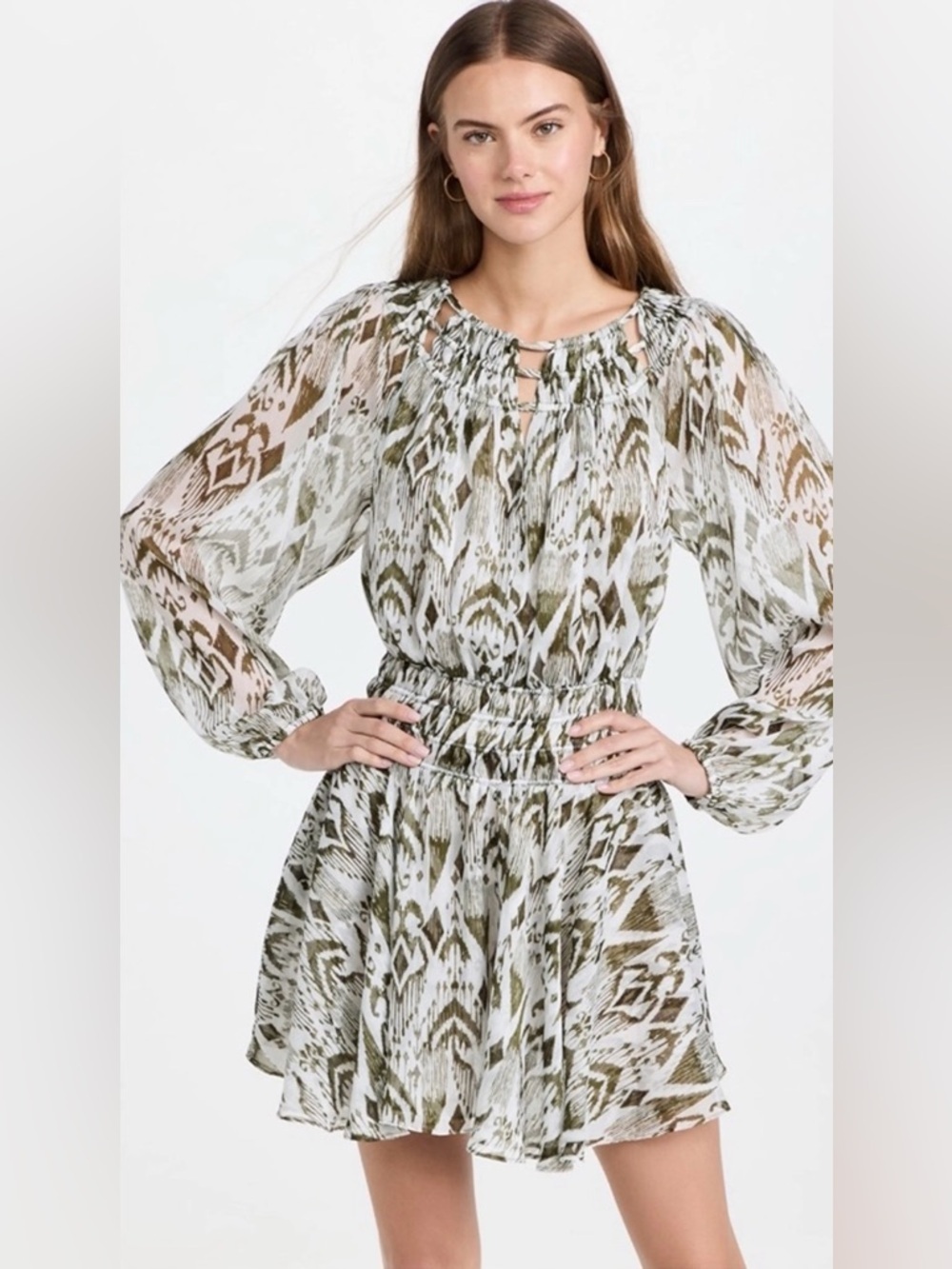 MISA Los Angeles Mini Dress Size L Boho Ikat Print Long‎ Sleeve Smocked Waist